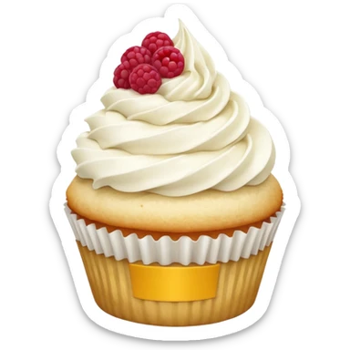 Vanilla cupcake with white frosting and crushed up dried raspberry sticker