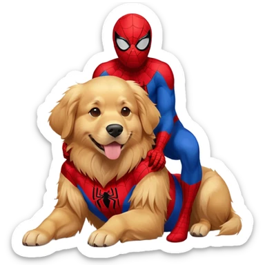 Golden Retriever laying on top of Spider-Man sticker