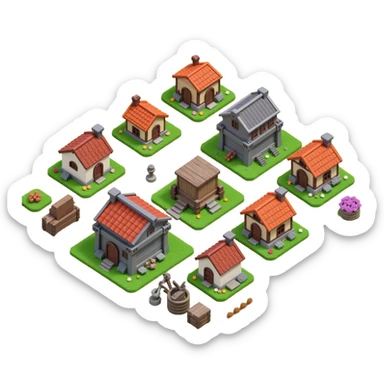 10 different buildings, all farms, upgradable, tier one to tier 10, clash of clans like sticker