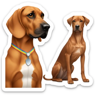 white male with long rainbow colored hair alongside a brown rhodesian ridgeback sticker