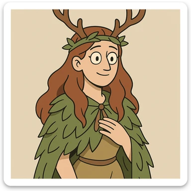 female druid with long hair, cartoon style, antler headdress, leafy cloak, gentle expression sticker