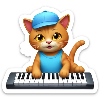 tan-red cat wearing a light-blue t-shirt and a blue base cap taps musical keyboard sticker