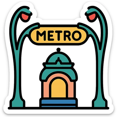 Parisian metro entrance emphasizing the curved shapes and Parisian architectural details in color outline icon style sticker