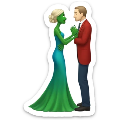 Beatiful tall green skin female reptilian in red dress, kissing white man in blue dress, full figure, full body sticker