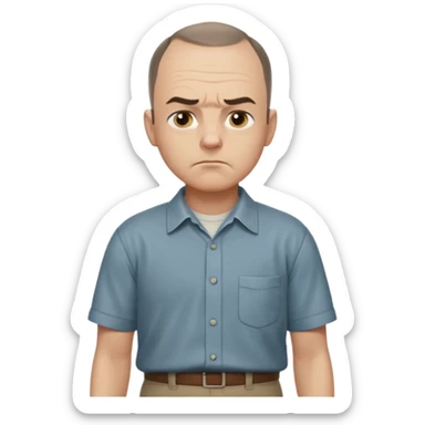 Carl from Sling Blade, serious expression, recognizable features, chin sticking out, slouching posture, no glasses, shirt with collar,  side view,show his entire body, he is standing. three-quarter face angle. He sticks his head forward. change face style sticker