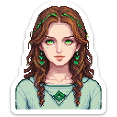 pixel art of a woman with brown hair and green eyes sticker