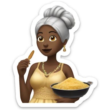 Woman with a black pixi cut, making a Spanish cocido while wearing a grand night gown with feathers sticker