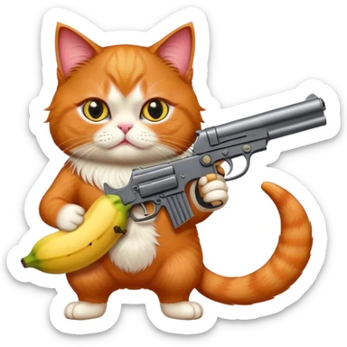 A persian red hair cat with a gun on the left hand and a banana on the right hand sticker
