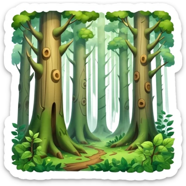 A dense woodland scene with overlapping trunks and misty atmosphere. sticker