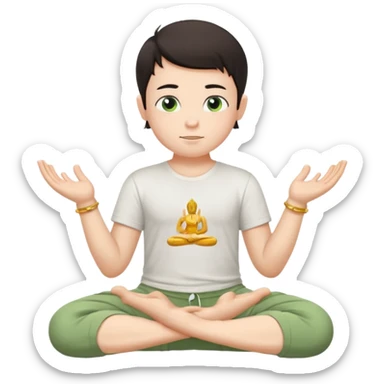 Menino branco de cabelo escuro, camiseta e bermuda verde claro sentado em pose de Buda com as mãos em forma de Mudra sticker
