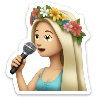 long haired white brunette woman wearing a sundress and a flower crown singing into a microphone sticker
