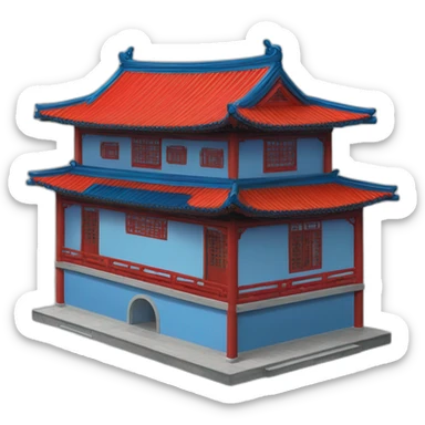 the facade of a medium-sized Chinese-style house with a blue roof and red wooden structures sticker
