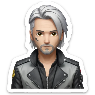 Jony Silverhand from Cyberpunk 2077, action pose, futuristic city background sticker