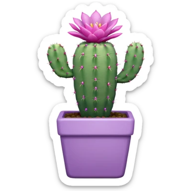 One ceramic pot in pastel violet, square, and tall, containing a flowering cactus. sticker