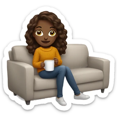 Brunette white girl autumn vibe wearing sweater sitting on a couch holding coffee sticker