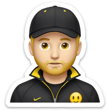  man wearing a black cap and a dark sports jacket with bright yellow details. He has light skin, a short beard, and a serious facial expression. The emoji should capture his key facial features and clothing details in a simplified but recognizable style. sticker