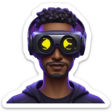 Cyberpunk style. Violet neon. Man with light skin in the black hoody with violet OMG VR logo on it wearing vr headset oculus quest 2 sticker