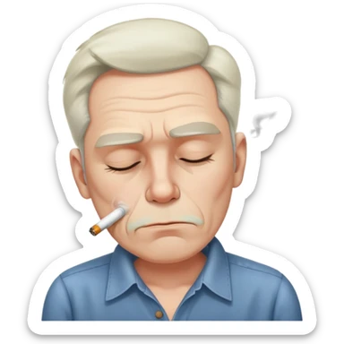 a sleepy looking, unmaintained man in his 50s, smoking, with a untidily buttoned shirt. sticker