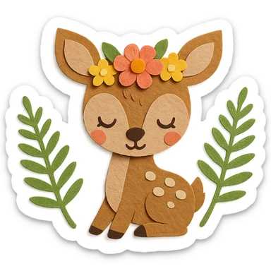 baby deer with a flower crown, surrounded by ferns, paper craft style sticker