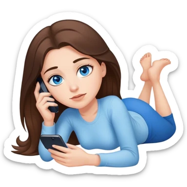 White girl brunett blue eyes laying on stomach using her phone  sticker