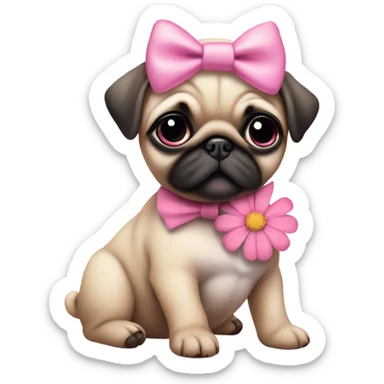 Baby pug with big pink
eyes wearing a pink bow on her head and a daisy in her mouth  sticker