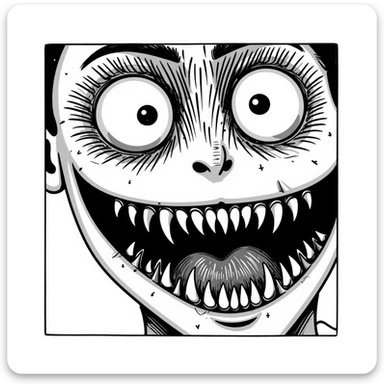 sketchy japanese horror manga style, extremely disturbing face with bulging eyes, split face revealing hundreds of tiny teeth inside, uncanny, creepy, Junji Ito inspired sticker