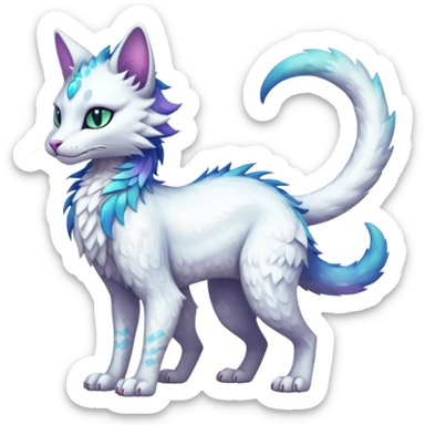 Kawaii white iridescent beautiful pretty elegant divine edgy fantasy feline-vernid-sergal-fursona animal creature with a tufted tail full body with intricate markings  sticker