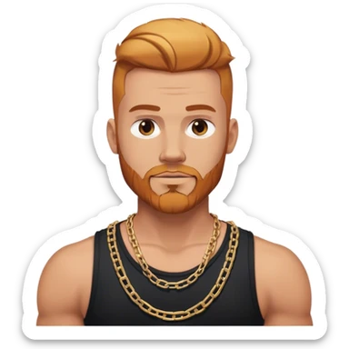 Buff guy selfie with thick chain link necklace and reddish blonde hair and beard with shaved sides of head and blond highlights on top in black tank top sticker