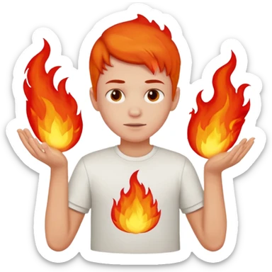 A boy with no hands fire instead made out of red fire and the boy is wearing a shirt that says FIRE C sticker