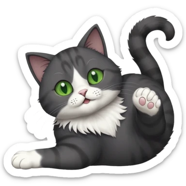 solid dark grey cat with green eyes, white toes/paws and white patch on her chest playfully rolling upside down sticker