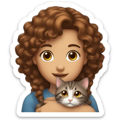 Girl long curly brown hair smiling et tenant brown eyes and holding a cat in her arms sticker