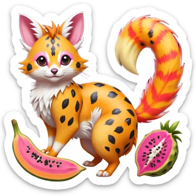 Hyper realistic  tropical-fruit-splash-colored fur, papaya-orange, and dragonfruit-pink chaos beautiful elegant pretty precious cute  Fakémon-Pokémon-opossum-feline-serval-caracal-chinchilla-Furret-Minccino-hybrid-creature with a big fluffy bushy tail (full body) sticker