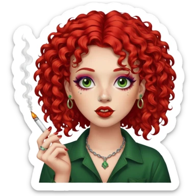 bright red curly hair alt girl with makeup and piercings smoking weed sticker