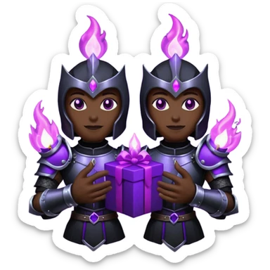 A Discord emoji of a pair of black armored gauntlets holding a flickering violet flame. The hands are positioned as if offering a gift. Dark gothic fantasy, glowing magical effects, high contrast, 2D vector style, white background. sticker
