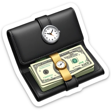 black wallet with dollar bills sticking out and a small clock in top right corner over the wallet sticker