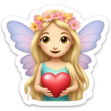 Fairy, long blonde hair, wings, flowers, heart eyes, hands holding heart sticker