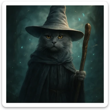 gray cat wearing Gandalf's hat, holding a staff, fantasy atmosphere sticker