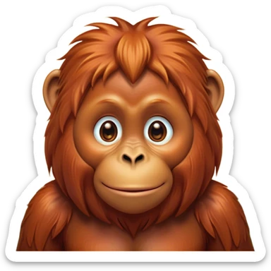 Cinematic Cute Orangutan Portrait Emoji, Head tilted playfully and inquisitively, with a gentle, expressive face accented by soft, flowing fur and round, sparkling eyes brimming with warmth, Simplified yet irresistibly adorable features, highly detailed, glowing with a warm, friendly glow, high shine, affectionate and lively, stylized with a touch of jungle whimsy, bright and endearing, soft glowing outline, capturing the essence of a mischievous yet loving orangutan that seems as if it could swing out of the screen into your arms! sticker