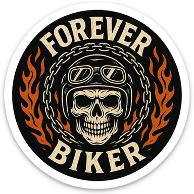 circular transparent background design for motorcycle cap, text 'FOREVER BIKER', motif: skull, chain, flame, cool style sticker