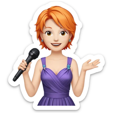 singer, Middle age, orange hair, happy, holding mic, wearing dress sticker