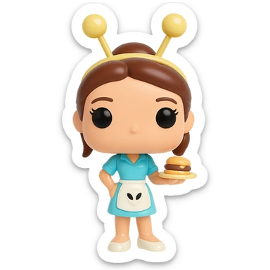 Create a Funko Pop style vinyl figure of Liz Parker from the Roswell series. She is wearing a light blue Crashdown Café waitress outfit with a white apron featuring an alien logo. She has a golden antenna headband, brown tied-up hair, and a friendly expression. She is holding a tray with a hamburger. The background should be transparent. sticker