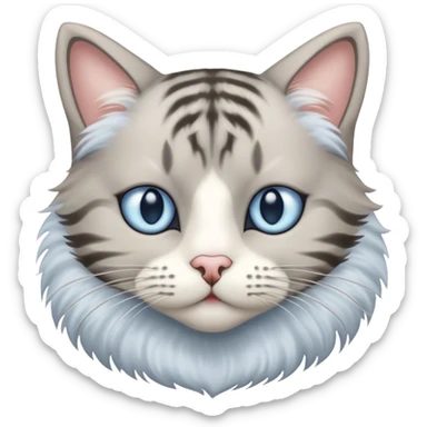 Striped gray-beige cat with thick wool of medium length, big light blue eyes and white fur around them and on the muzzle sticker