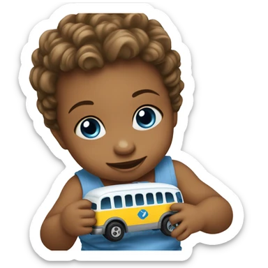 Baby playing with a toy bus blue eyes  sticker