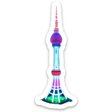 N Seoul Tower – Cinematic Realistic N Seoul Tower, depicted as a sleek modern tower illuminated against a vibrant cityscape at night, with reflective glass and dynamic neon lighting, rendered with intricate architectural detail and a futuristic urban glow. sticker