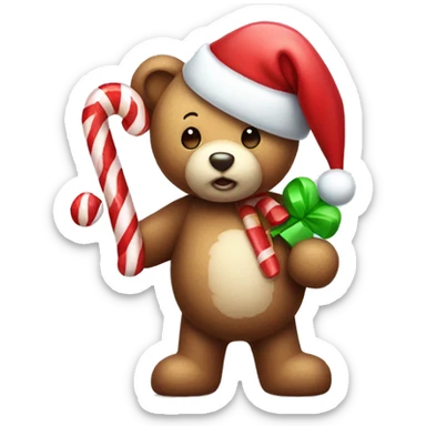 Teddy bear holding a candy cane with Santa hat sticker