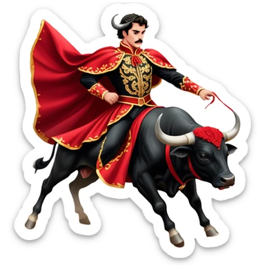 ​Cinematic Realistic Spanish Matador in Action, depicted in an ornate traje de luces with a flowing red cape, captured in the dramatic moment of confronting a charging bull in a traditional bullring, rendered with dynamic motion and dramatic lighting that encapsulates the intensity and artistry of the spectacle, sticker