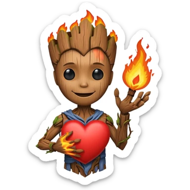 Groot hold heart on fire with smile sticker