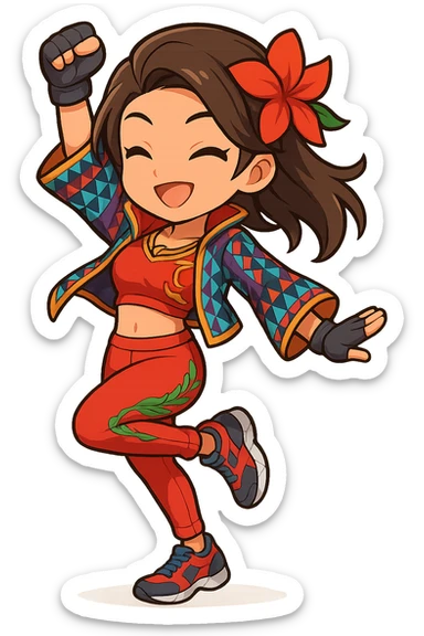 Azucena from Tekken 8 in chibi sticker style, doing a dance pose, wearing the detailed red and patterned outfit from the reference images, designed for Twitch emote use. sticker