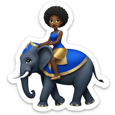 Young black woman in Royal blue and gold dress riding an elephant sticker