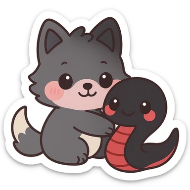 Make the snake larger, with a black body and red underbelly. The snake should be hugging the wolf back. Keep the kawaii style and ensure the background remains transparent. sticker